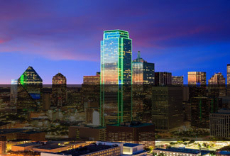 Aerial view of Bank of America Plaza Dallas at sunset.